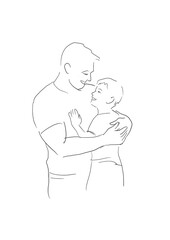 Father and son hugging, minimalist line art drawing