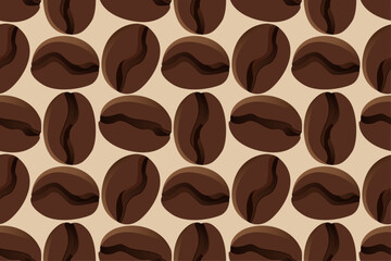 A coffee beans seamless pattern. A brown coffee background. A coffee beans close-up illustration. 