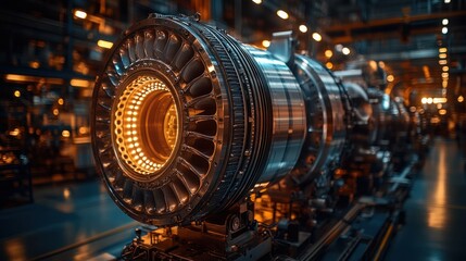 Fototapeta premium Industrial jet engine component in a manufacturing facility.