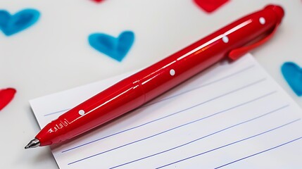 A bright red pen and paper with painted heart shapes
