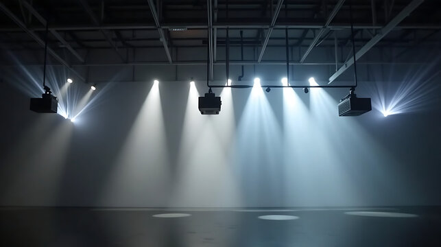 Large projectors hang vertically on the wall, with light beams cutting the wall to form a sense of depth