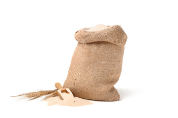 Sack bag with raw semolina on white background