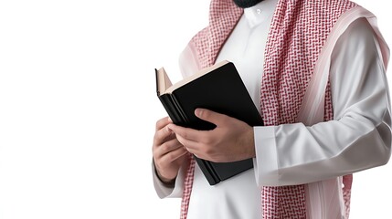 Muslim Teacher is Wearing White Saudi Dress and Red Shemagh, Standing and Holding a Black Book, Isolated on White Background : Suitable for Be Used in Content Related to Islamic and Education Theme.