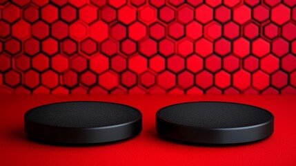 Sleek Black Podiums on Modern Stage with Red Hexagon Background and Textured Surface