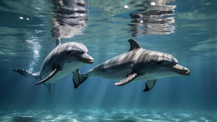 Naklejka premium Two dolphins swimming in clear blue ocean water with sunlight streaming through the surface