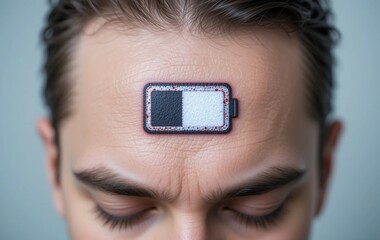 Low battery symbol projected on human forehead