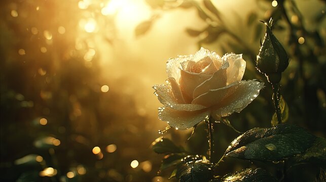 A close-up of a dew-covered rose in a morning garden, with soft sunlight filtering through pic
