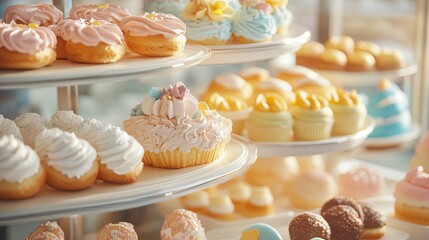 A summer-themed bakery display case with colorful pastries and iced treats, set against the warm light of the season pic
