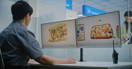 Airport Security Checkpoint: Female Security Officer Monitoring X-ray Scanning of Luggage on...