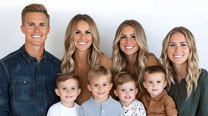 a heartwarming family portrait featuring a group of happy family members standing close together and smiling at camera