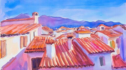 Rooftop view of a Mediterranean village, with mountains and a clear blue sky