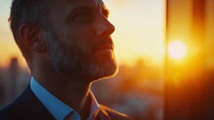 Plakat Man in suit looking at the sunset from a high building with city view in the background at golden hour