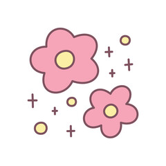 Cute floral illustration. Whimsical spring design of pink flowers surrounded by sparkles. Simple hand drawn illustration isolated on a white background. Kawaii sticker. Vector 10 EPS.