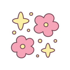Cute floral illustration. Whimsical design of pink flowers, four-pointed stars and sparkles. Simple hand drawn illustration isolated on a white background. Kawaii sticker. Vector 10 EPS.