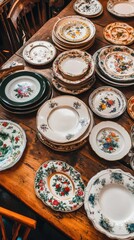 Vintage china plates stacked on a rustic wooden table