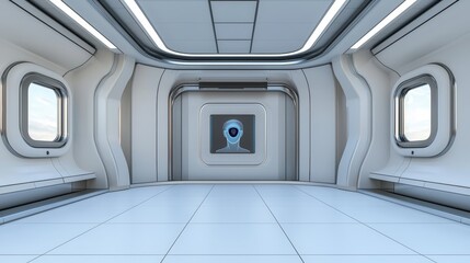 A futuristic security terminal with facial recognition scan in progress
