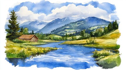 Scenic watercolor landscape river, cabin, green fields, mountains, and blue cloudy sky