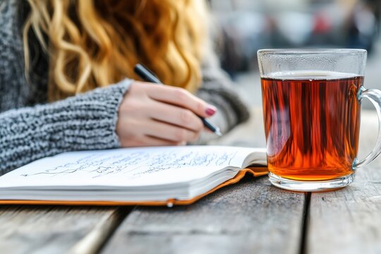 Writing in a tea journal while enjoying a warm cup of tea outdoors Generative AI