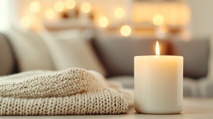 Cozy Atmosphere with Candle and Knit Blanket for Relaxing and Mindfulness Session