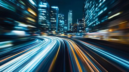 Fototapeta premium Blurred light trails on road with city buildings in background at night.