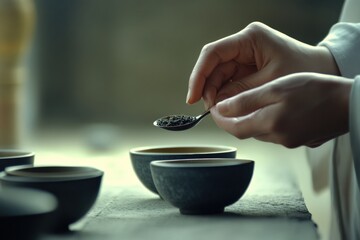 Tea enthusiast assesses flavor with precision during afternoon session Generative AI