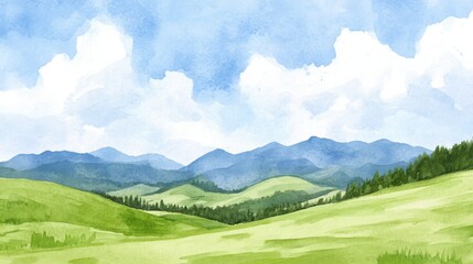 Obraz premium Serene landscape green hills, trees, blue sky, and distant mountains painted in watercolor style