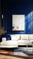 Sophisticated interior showcasing a white sofa against a deep blue paneled wall