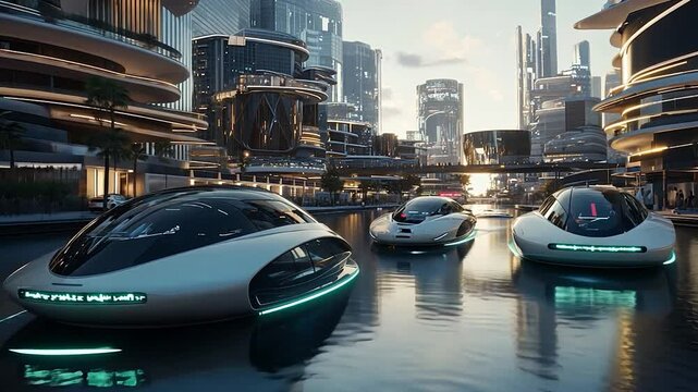 Futuristic cityscape with advanced hovercrafts navigating a serene waterway