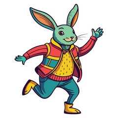 colorful-rabbit-wearing-a-jacket-and-dancing vector image on white background
