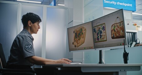 Airport Security Checkpoint: Female TSA Worker Controlling X-ray Metal Detector Scanning of Baggage...