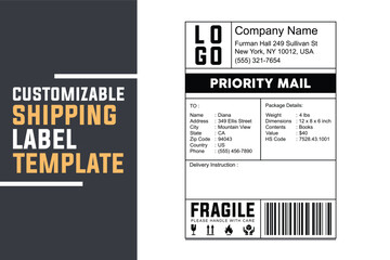 Printable Shipping Label Sheet Template. Editable Priority Mail Stickers with QR Code, Barcode, and Package Information for E-Commerce and Logistics
