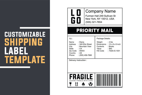 Printable Shipping Label Sheet Template. Editable Priority Mail Stickers with QR Code, Barcode, and Package Information for E-Commerce and Logistics