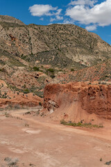 Rugged sandstone formations in the desert landscape of Rambla Salada, Albatera, Costa Blanca, Spain - stock photo