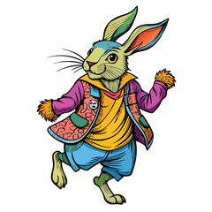 colorful-rabbit-wearing-a-jacket-and-dancing vector image on white background
