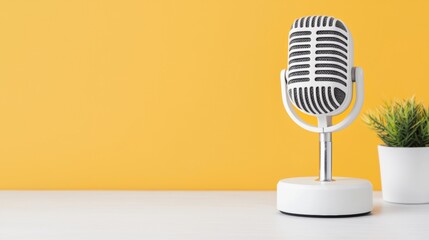 Vintage Microphone Close-Up on Yellow Background with Potted Plant