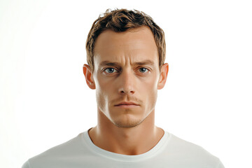 Fototapeta premium Serious man with short hair, dressed in a plain white t-shirt, isolated on a white background.