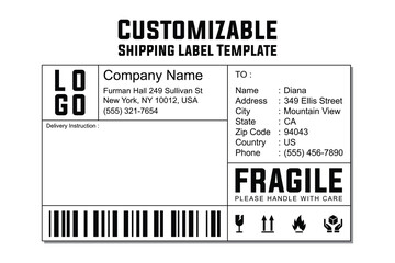 Editable Shipping Label Template with Fragile Warning and Barcode. Printable Design for E-commerce and Logistics Packaging