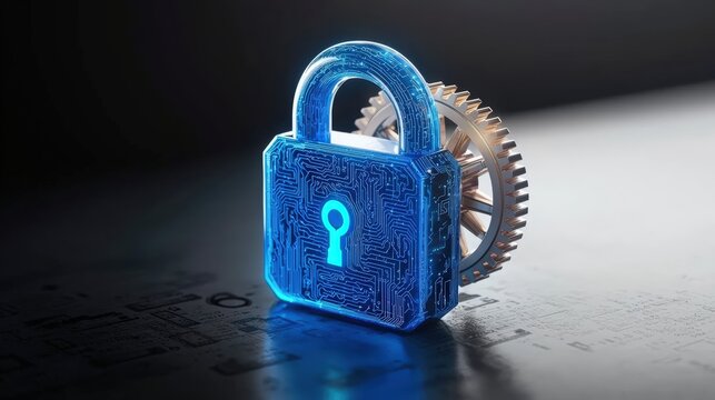 A glowing blue cyber lock mechanism with rotating encryption gears