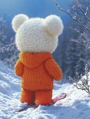 Happy knitted fluffy teddy bear goes downhill on skis