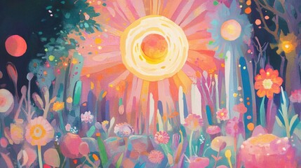 Obraz premium Vibrant garden scene glowing sun-like orbs amid colorful plants, creating a dreamlike, otherworldly floral landscape