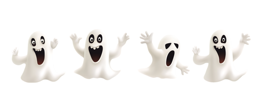 Pack of Cute Ghost Boo set of Five Different Poses set Against Transparent Background for Halloween Designs, Kids Projects, or Spooky-Themed Branding