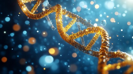 yellow dna double helix spiral gracefully floating on blue background with light bokeh bubbles futuristic science molecular biology concept illustration