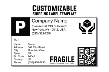 Customizable Priority Mail Shipping Label with Barcode, Fragile Notice, and Editable Fields