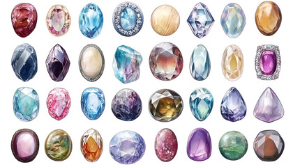 Many different shiny gemstones on white background, set