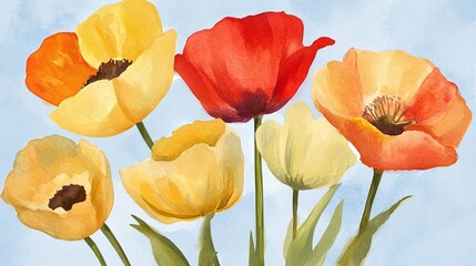 Obraz premium Watercolor depiction shows assorted colored poppy flowers against a soft, blurred blue background