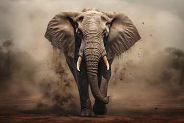Fototapeta premium Close-Up of Elephant – Powerful Animal with Wrinkled Skin and Majestic Tusks