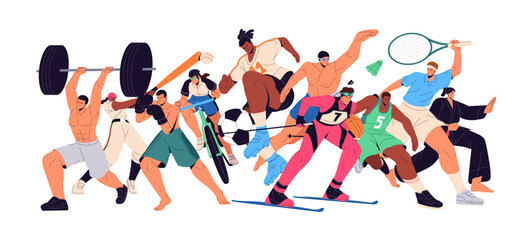 Group of athletes on banner. Sportsmen and sportswomen of different kinds of sport. Football, basketball players, boxing and weightlifting. Flat isolated vector illustration on white background