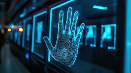 Futuristic ATM with Biometric Security - A modern ATM scanning a person's handprint before dispensing cash, illuminated in blue lights