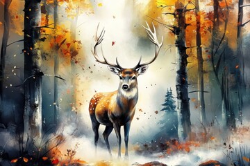 Enchanting Watercolor Deer in Forest - Stunning Wildlife Illustration