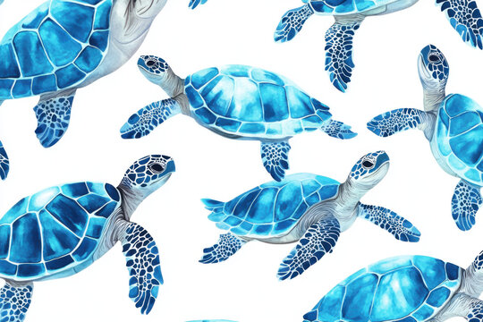 Seamless pattern with blue watercolor turtles swimming elegantly
